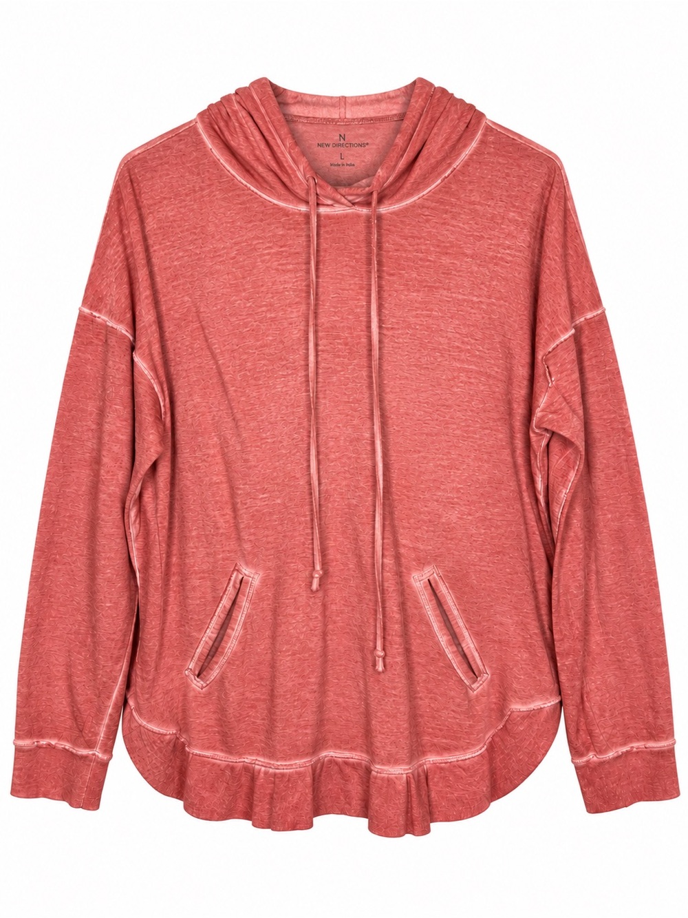New Directions Women’s Coral Heather Cowl Neck Hoodie Ruffle Hem Large